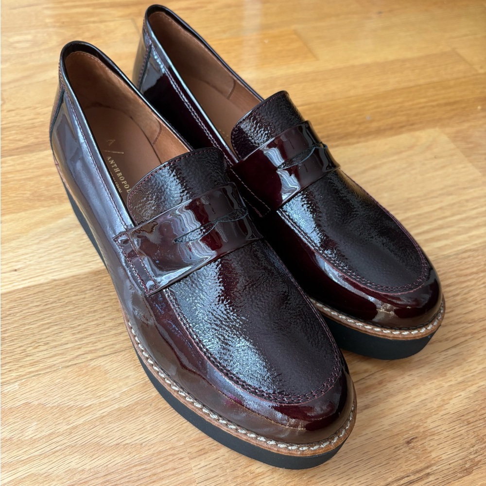 Anthropologie Women's Burgundy Patent Leather Penny Loafers